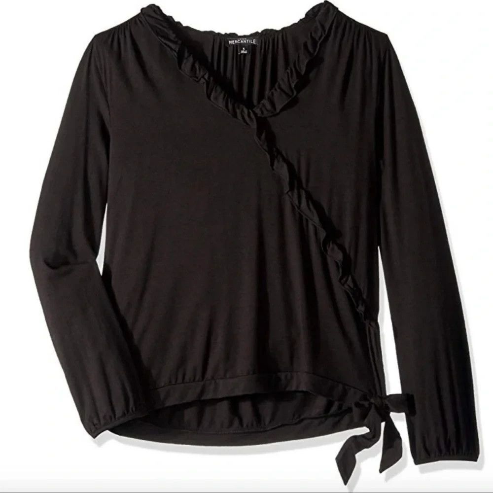 J Crew Mercantile women Black Ruffle Neck Side Tie Long Sleeve Knit Top size XXS
